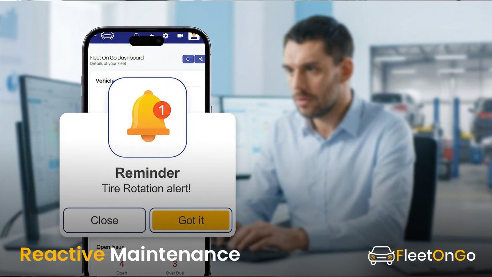 Reactive maintenance alert on a fleet management app for tire rotation.