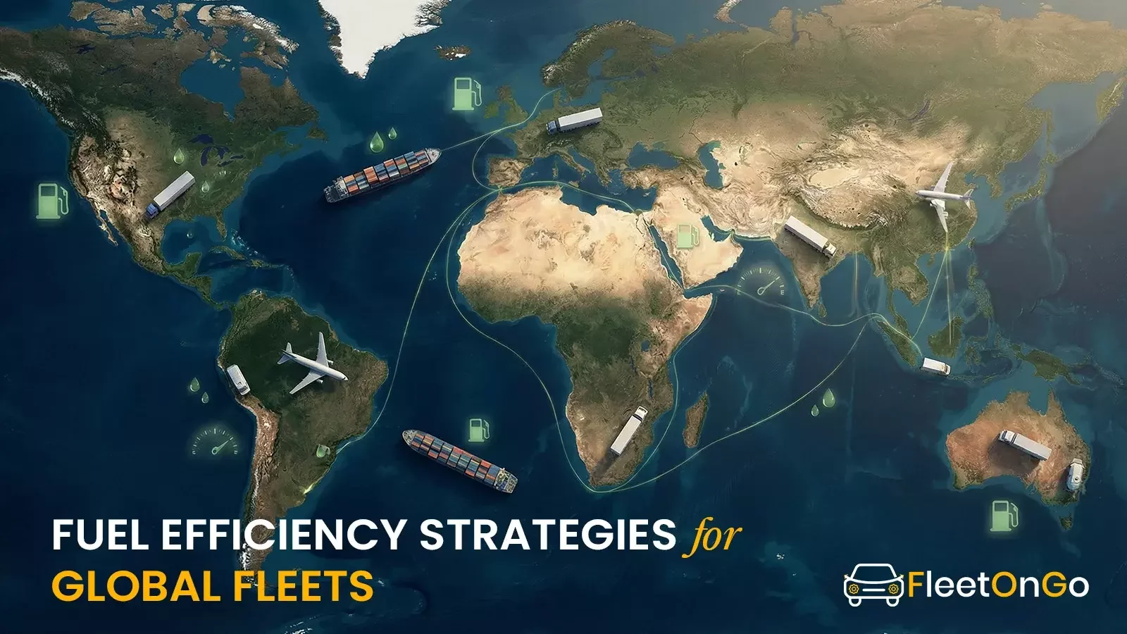Fuel efficiency strategies for global fleets shown on a world map with trucks, ships, and planes