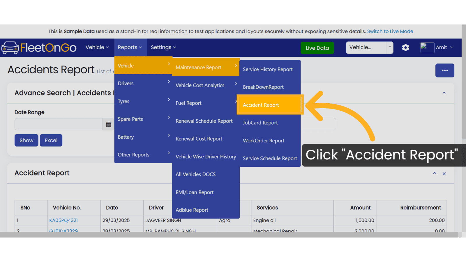 Click 'Accident Report'