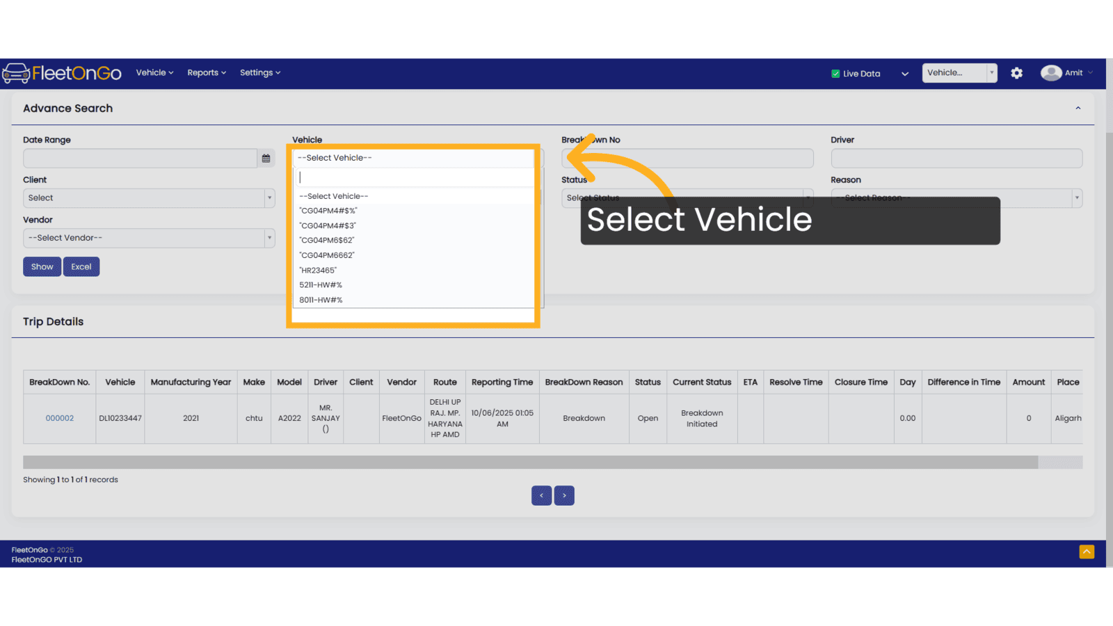 Click '--Select Vehicle--'