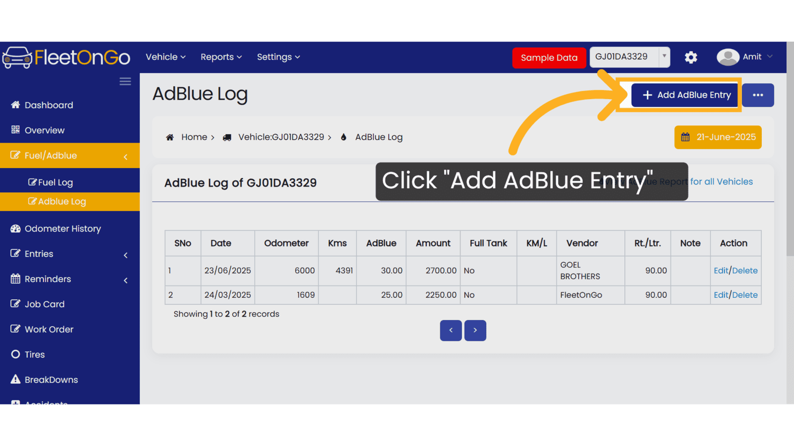 Click 'Add AdBlue Entry'