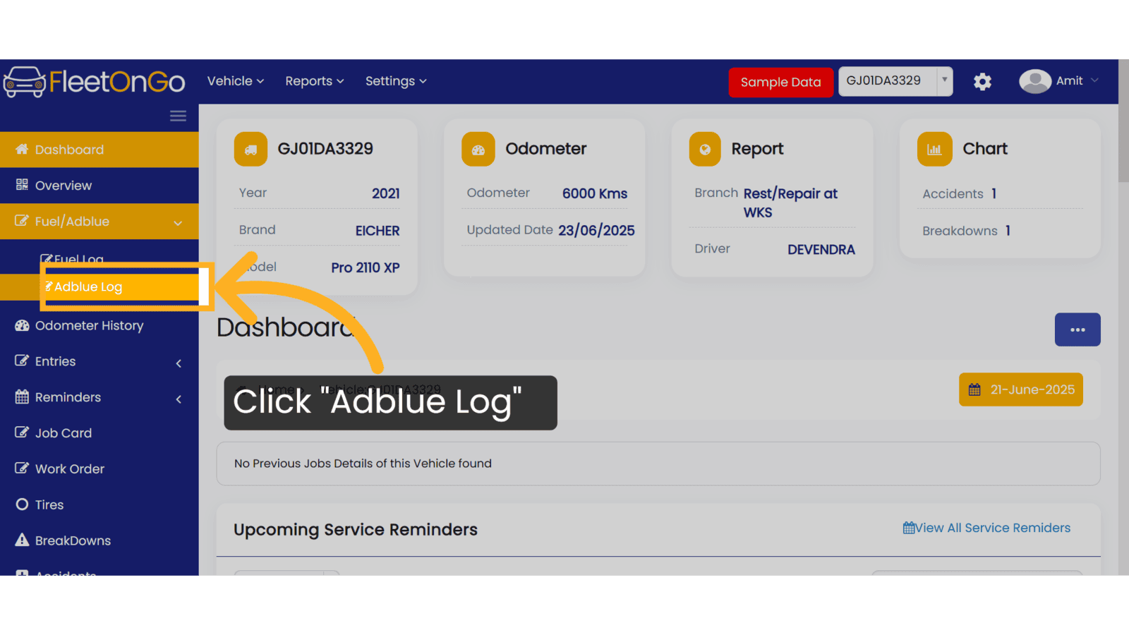 Click 'Adblue Log'