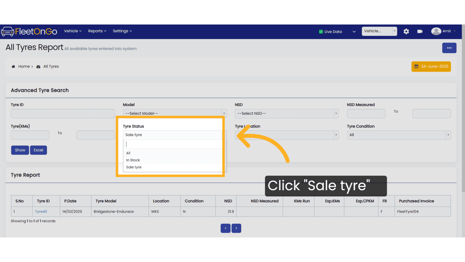 Click 'Sale tyre'