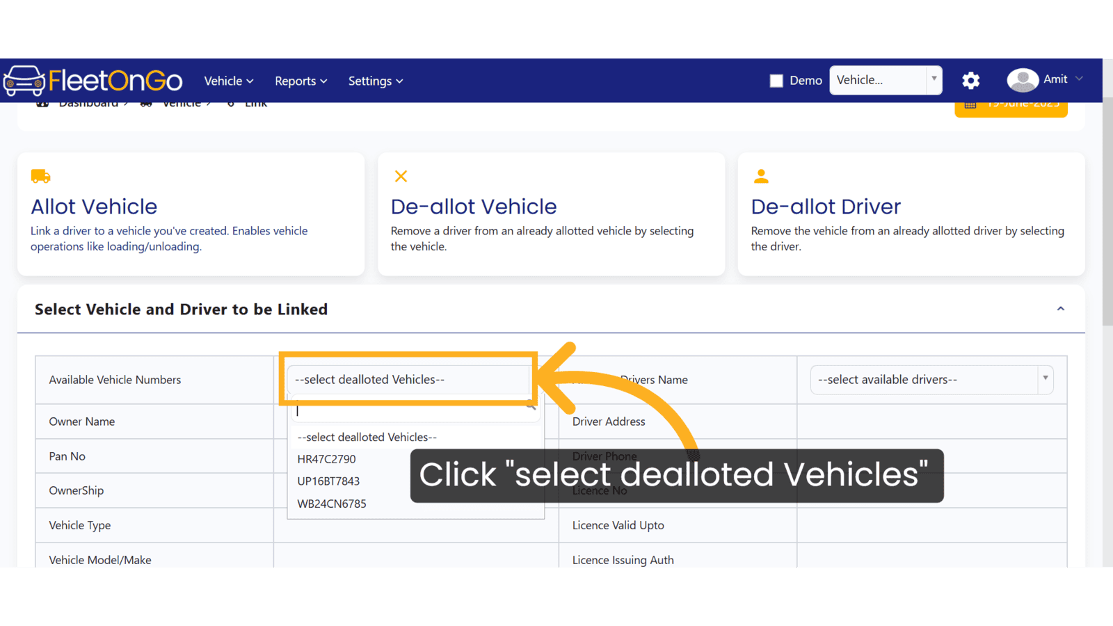 Click '--select dealloted Vehicles--'