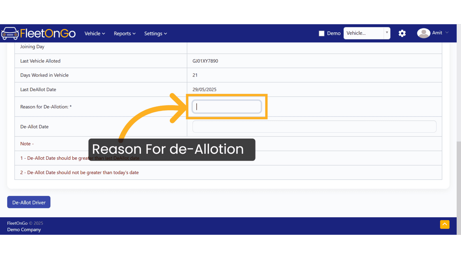Click on Reason for De-Allotion