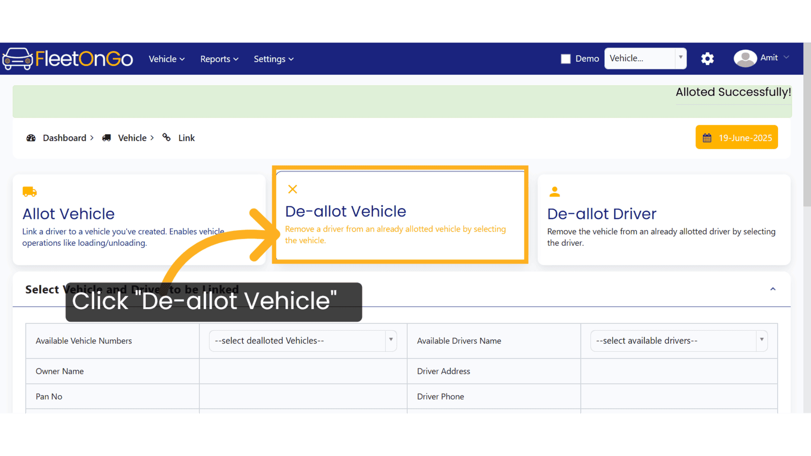 Click 'De-allot Vehicle'