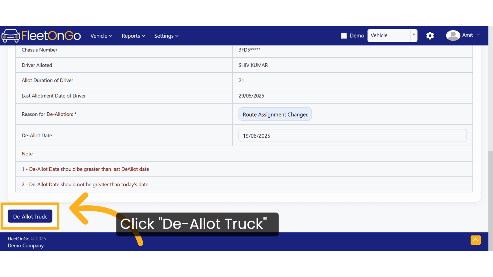 Click 'De-Allot Truck'