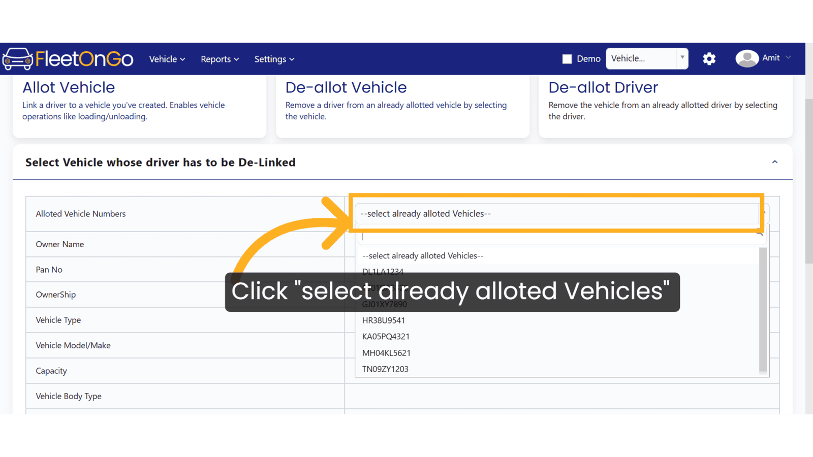 Click '--select already alloted Vehicles--'