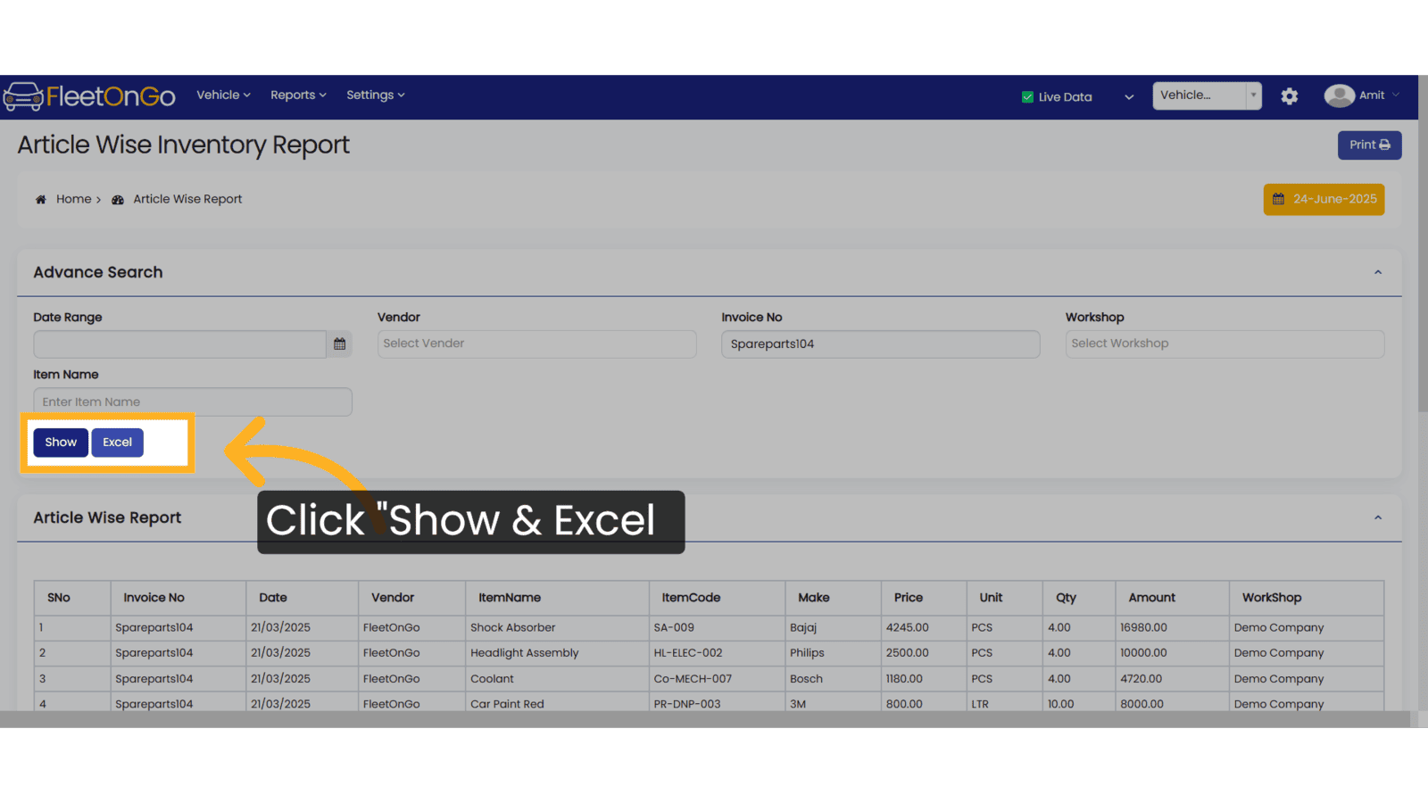 Click 'Show & Excel