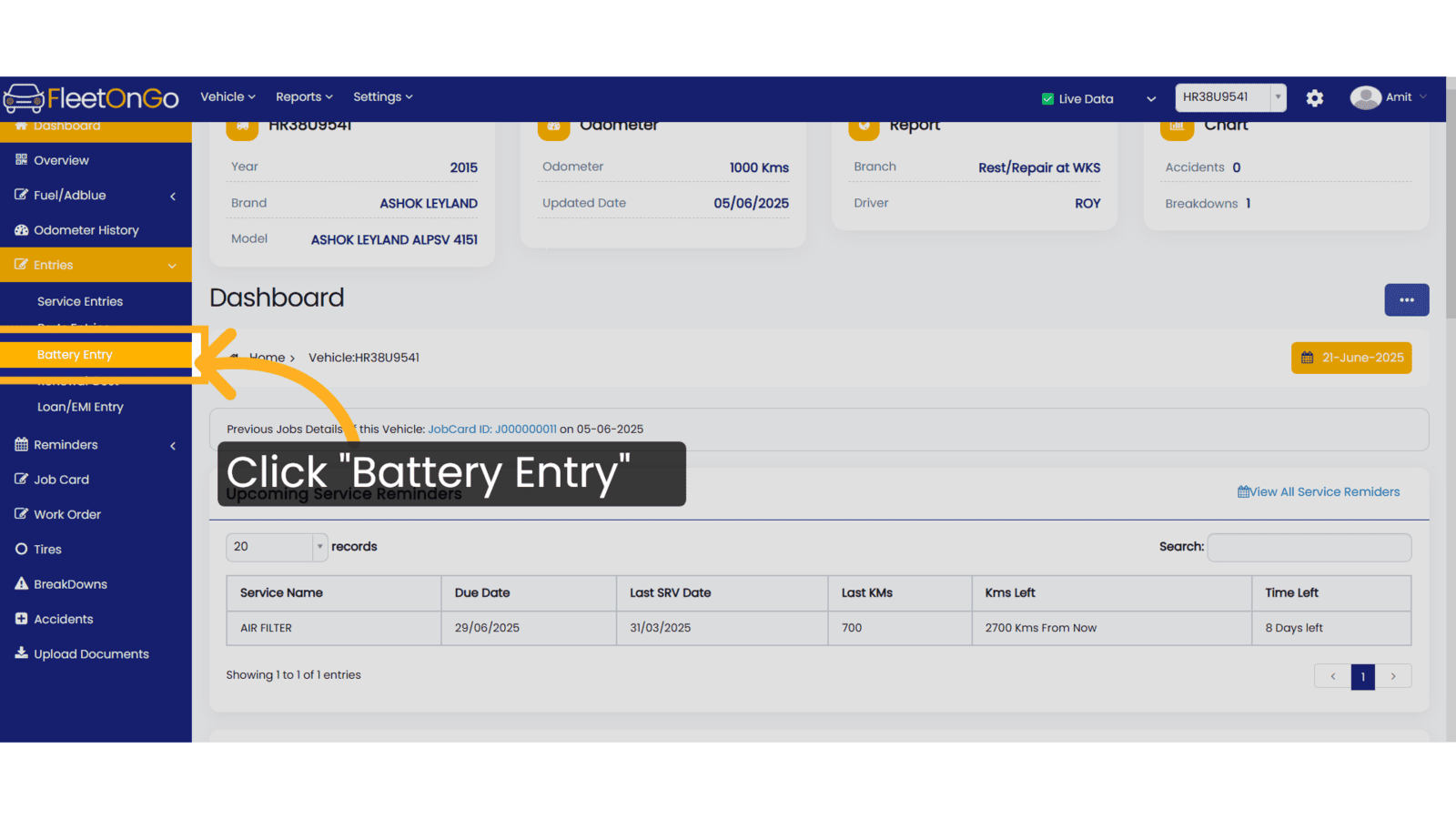 Click 'Battery Entry'