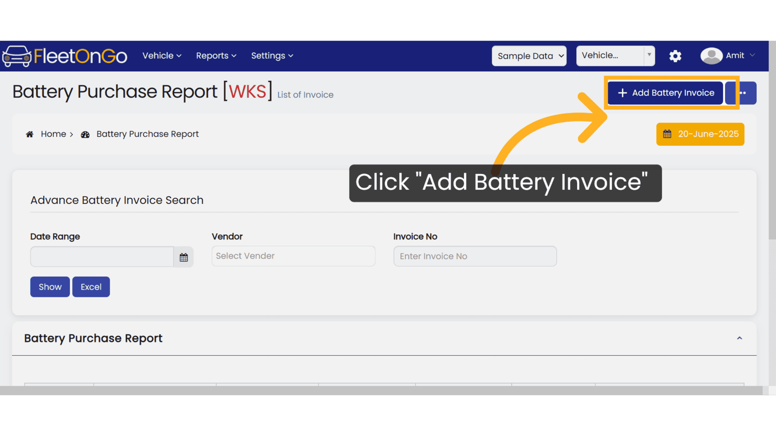 Click 'Add Battery Invoice'