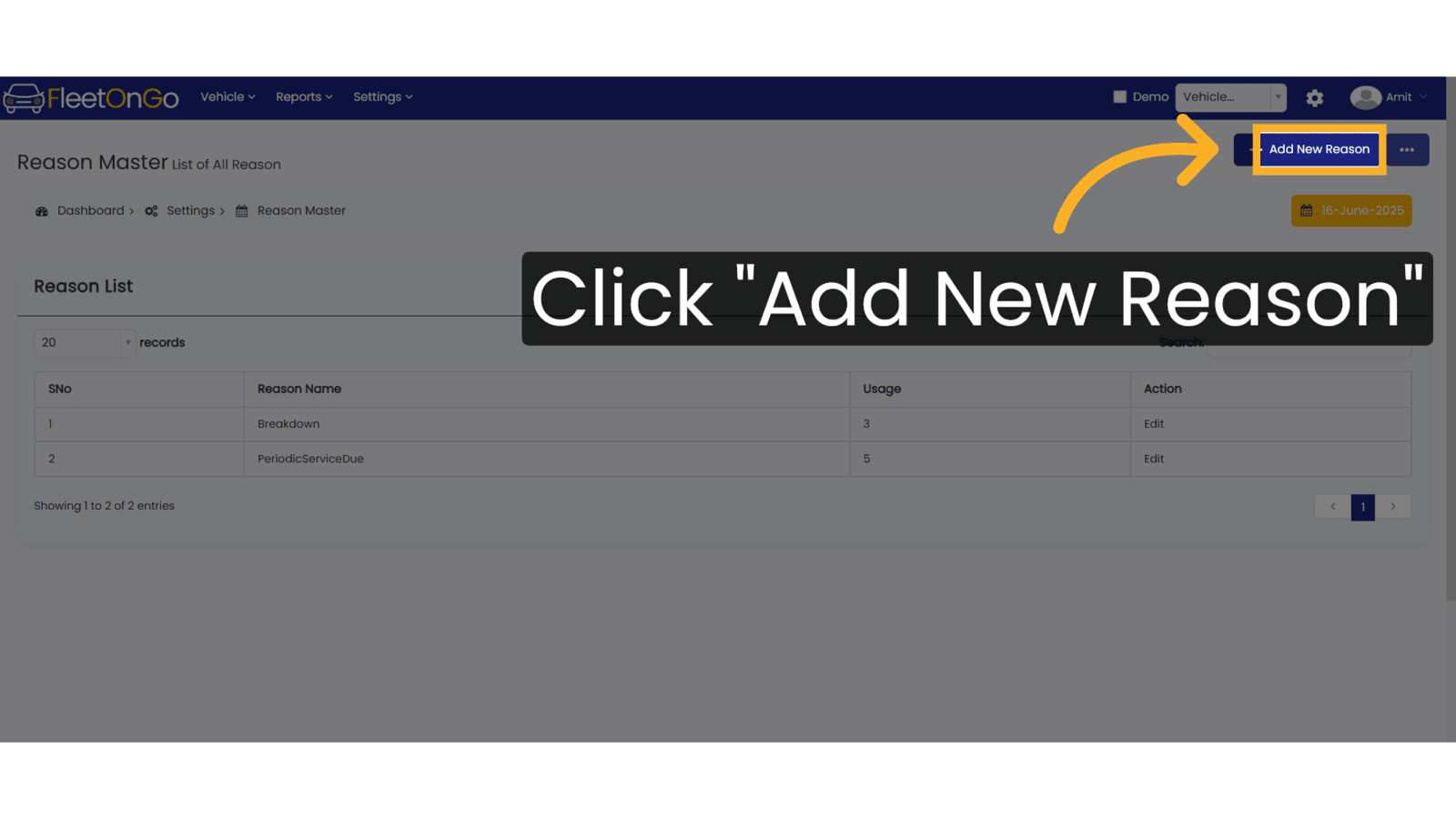 Click on add new reason