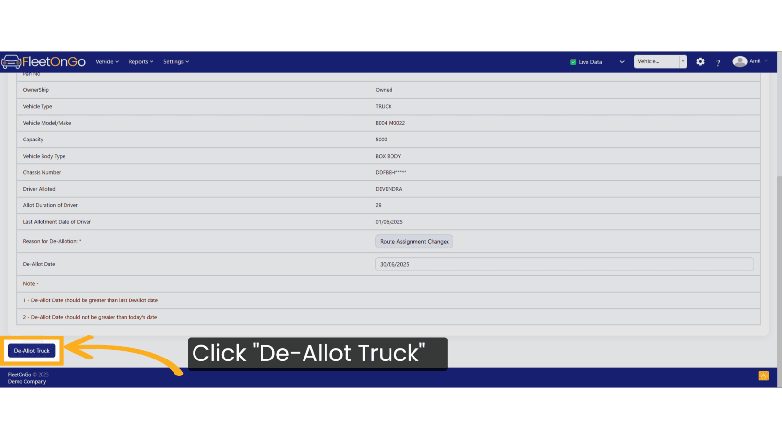 Click 'De-Allot Truck'