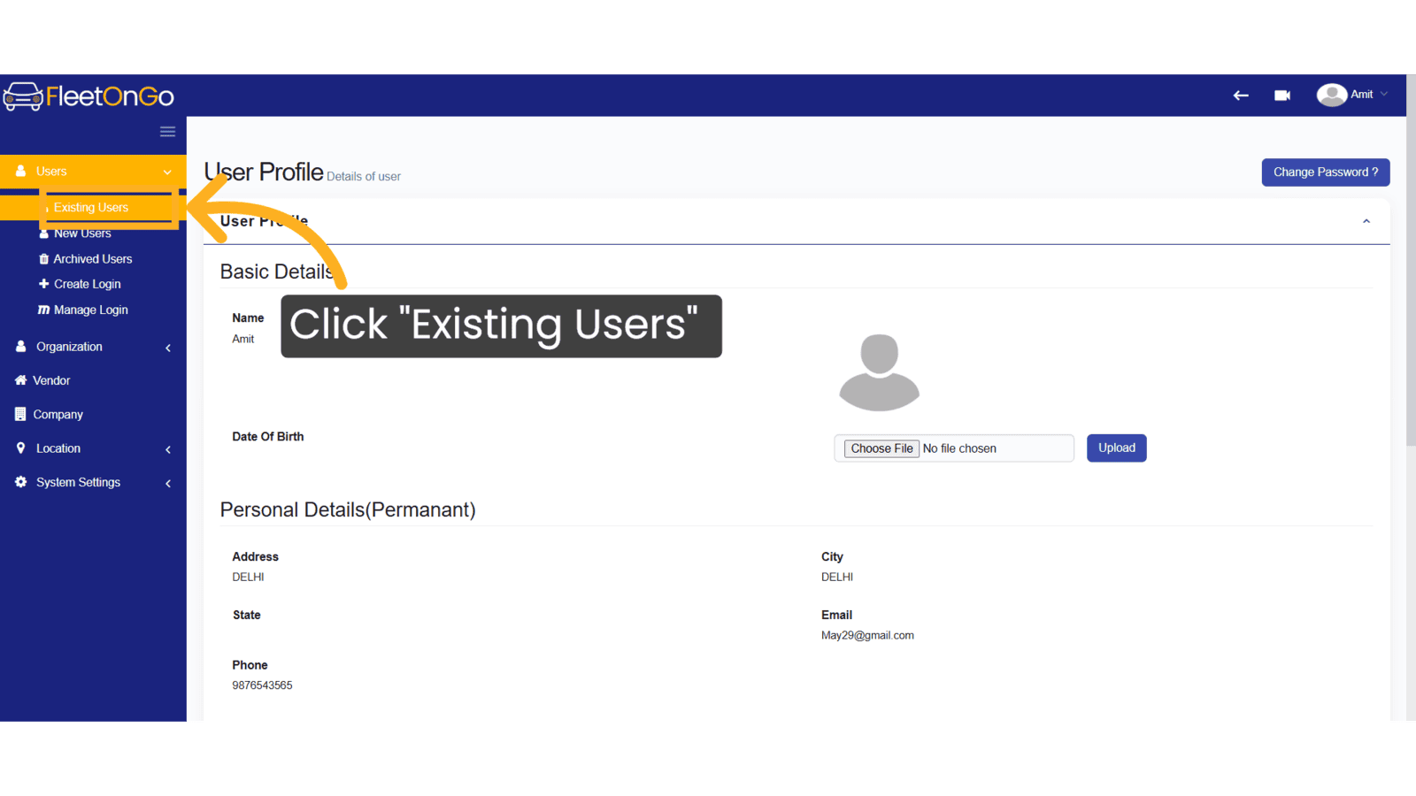 Click 'Existing Users'