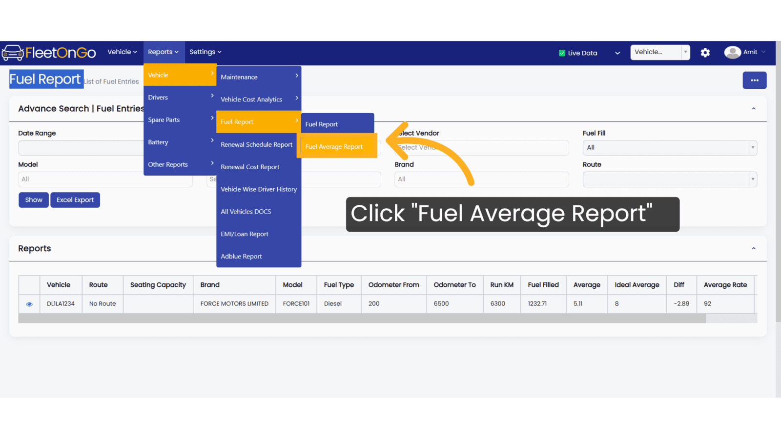 Click 'Fuel Average Report'