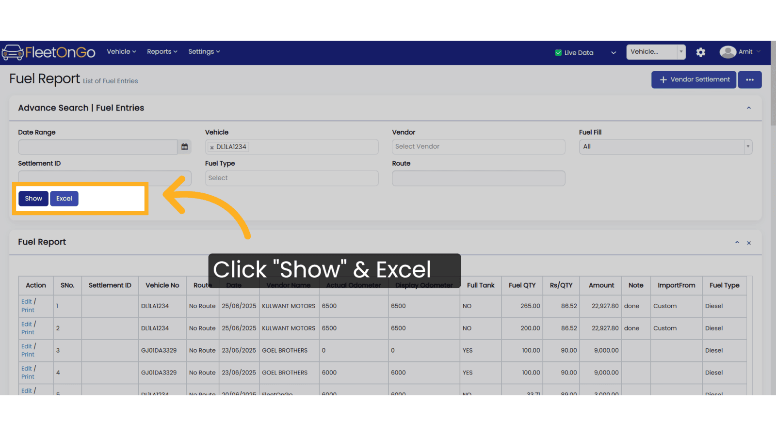 Click 'Show & Excel