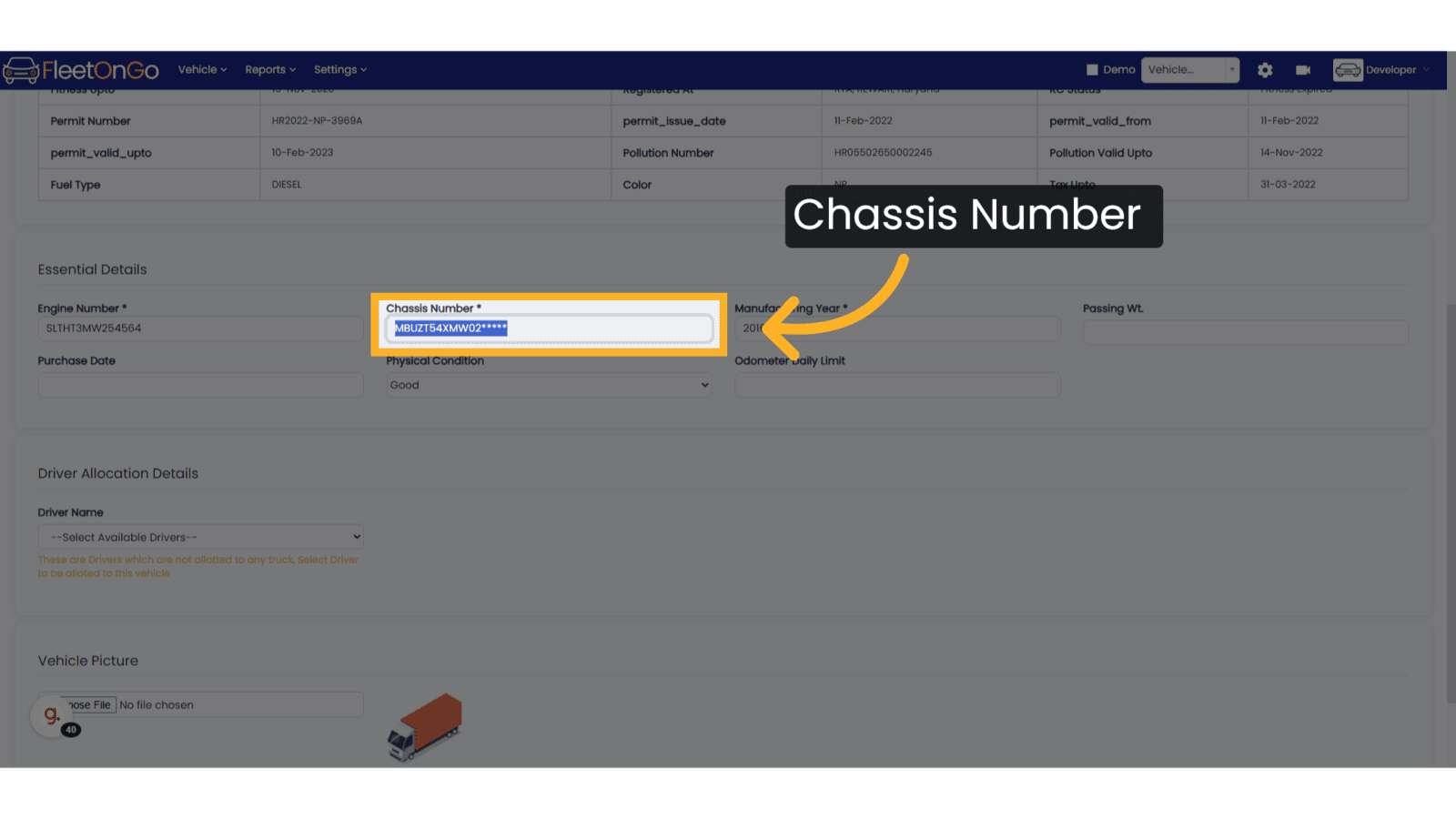 Enter the Chassis Number