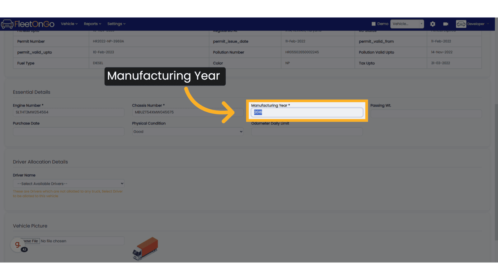 Enter the Manufacturing Year