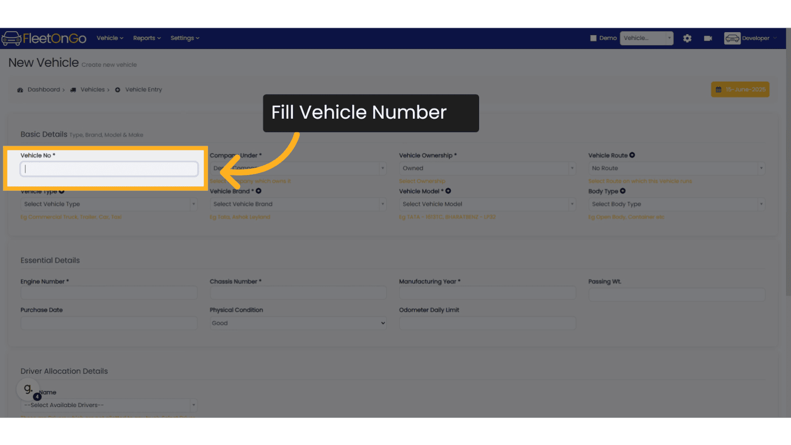 Fill Vehicle Number