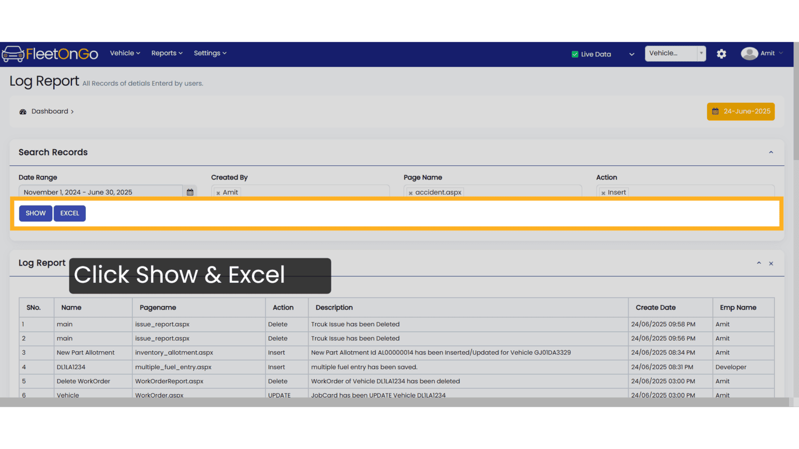 Click Show & Excel