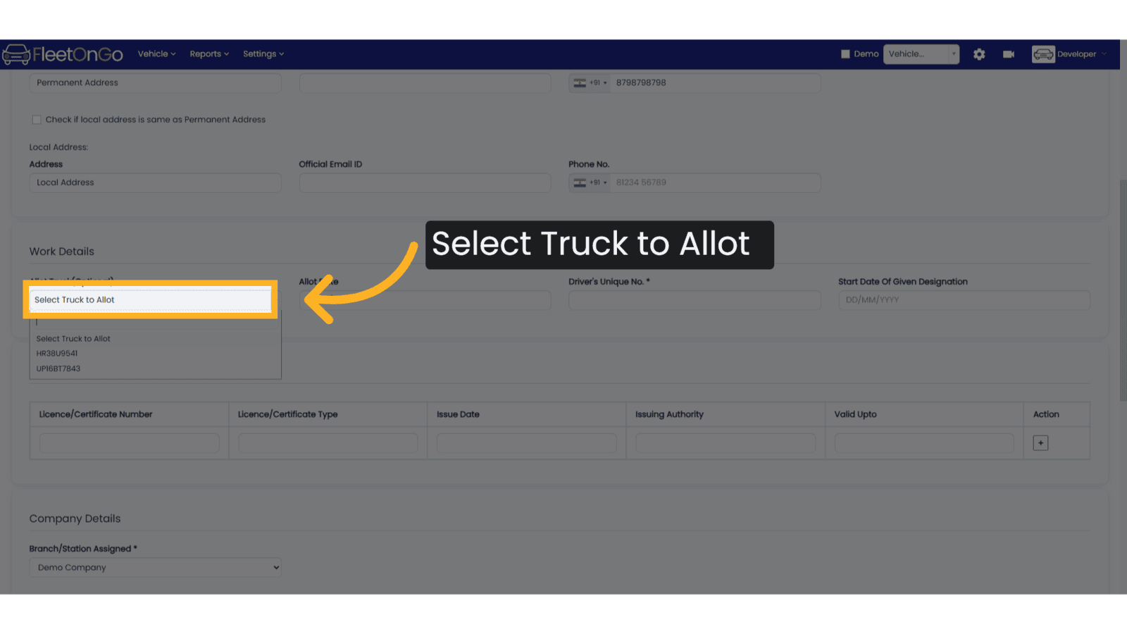 Allot Vehicle to Driver