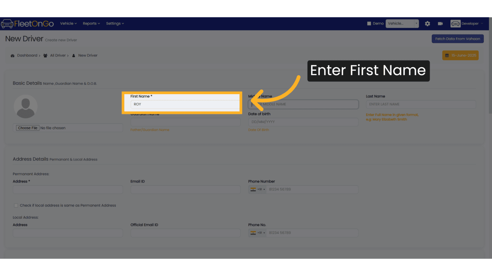 Enter Driver Name
