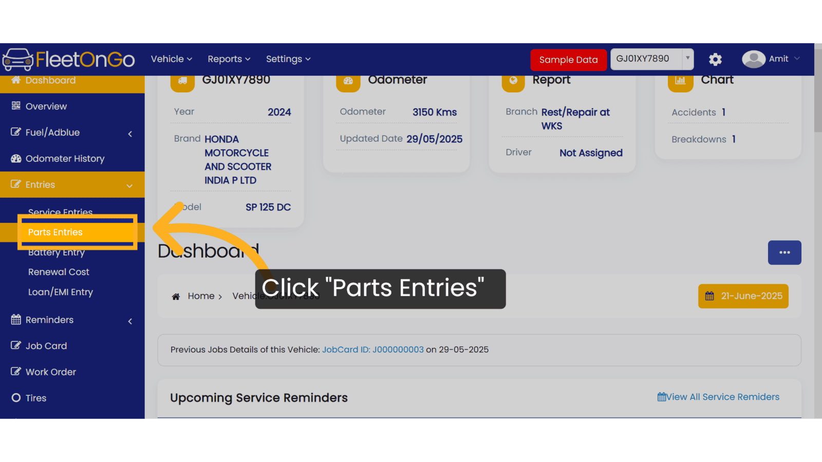 Click 'Parts Entries'