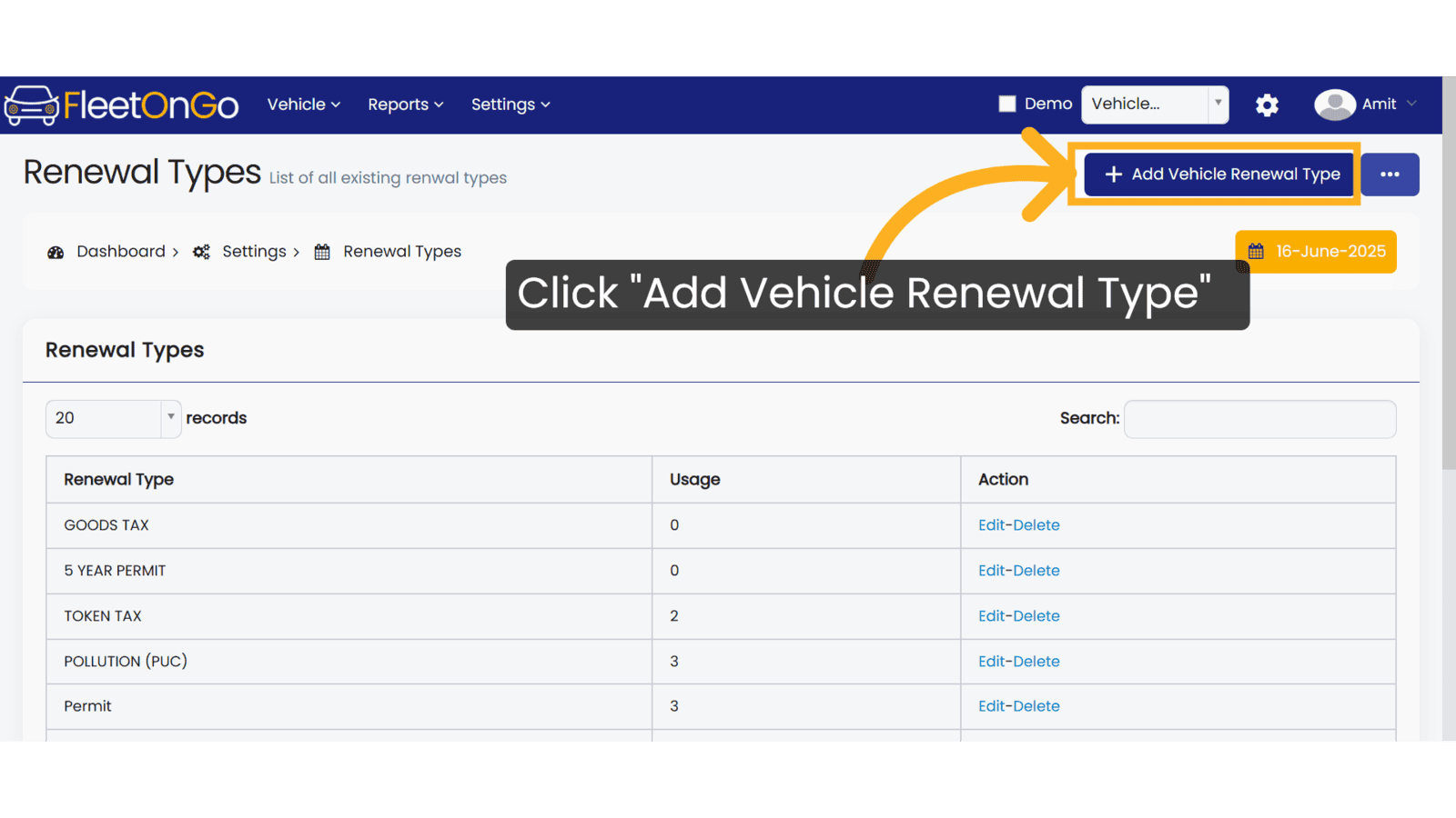 Click 'Add Vehicle Renewal Type'
