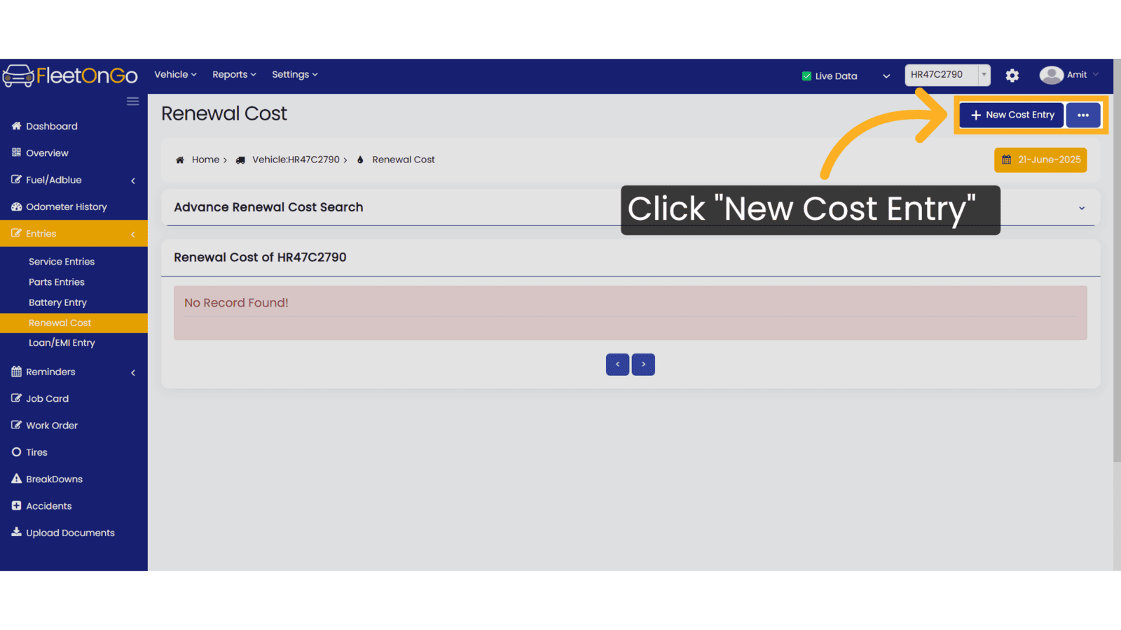 Click 'New Cost Entry'