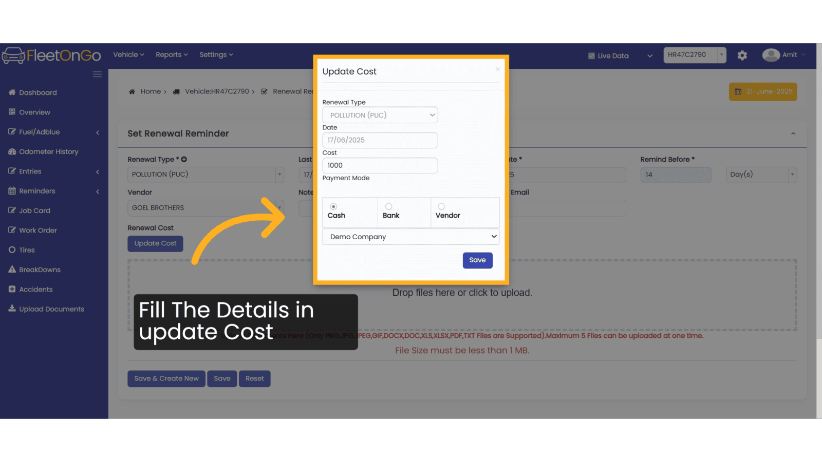 Fill the details in update cost