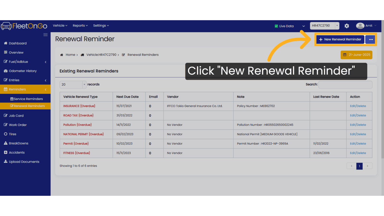 Click 'New Renewal Reminder'