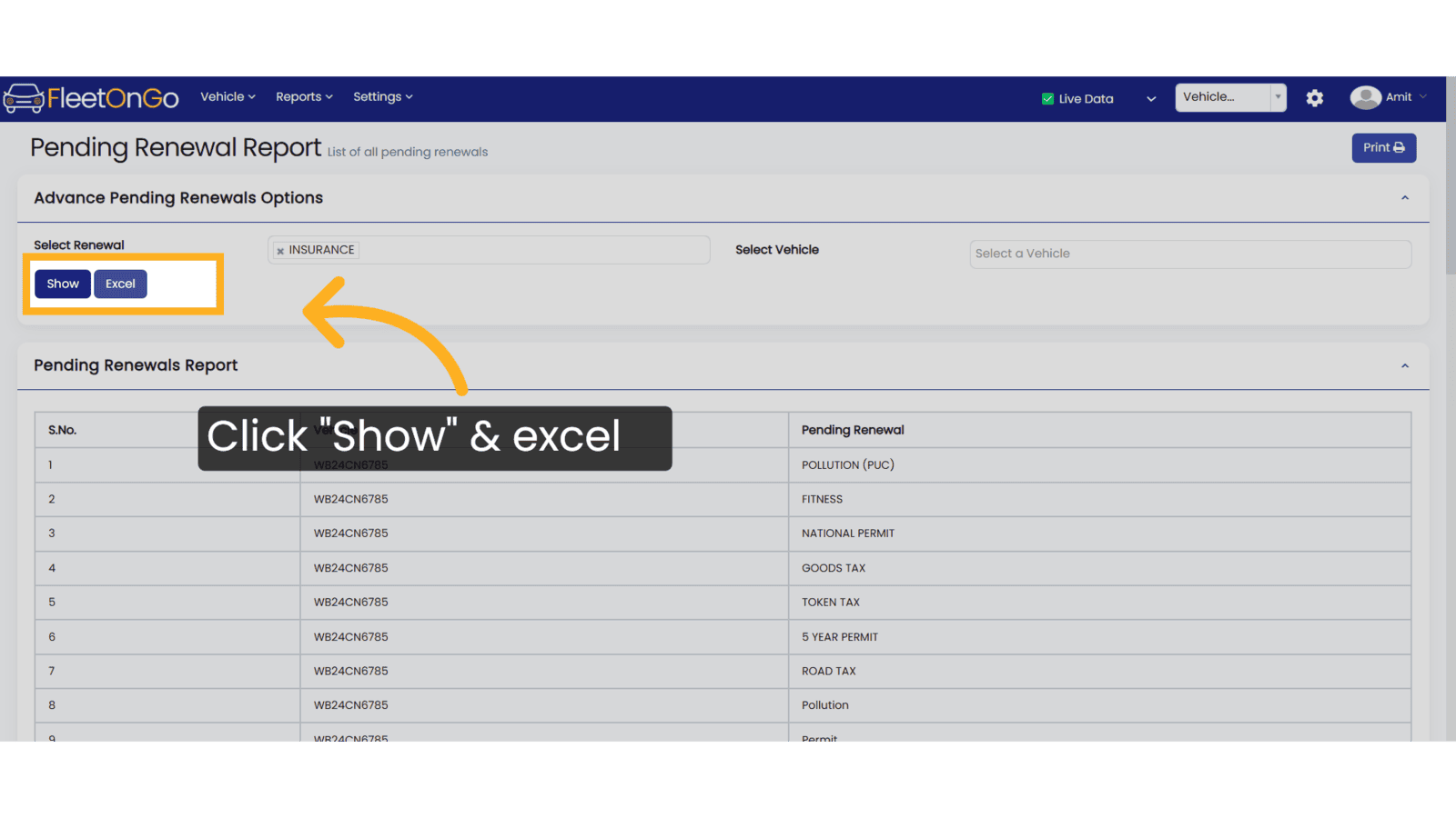Click 'Show' & excel