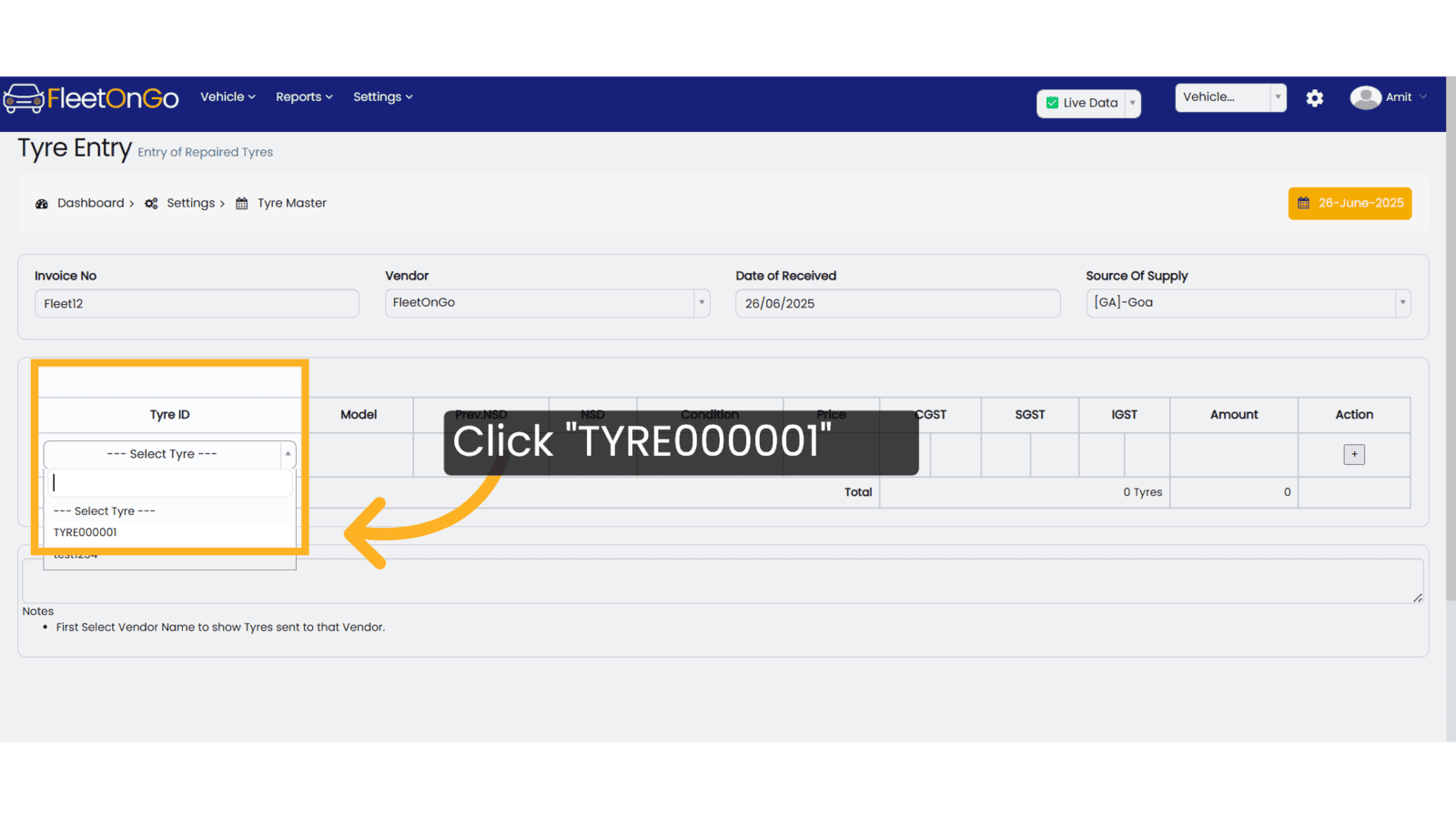Click 'TYRE000001'