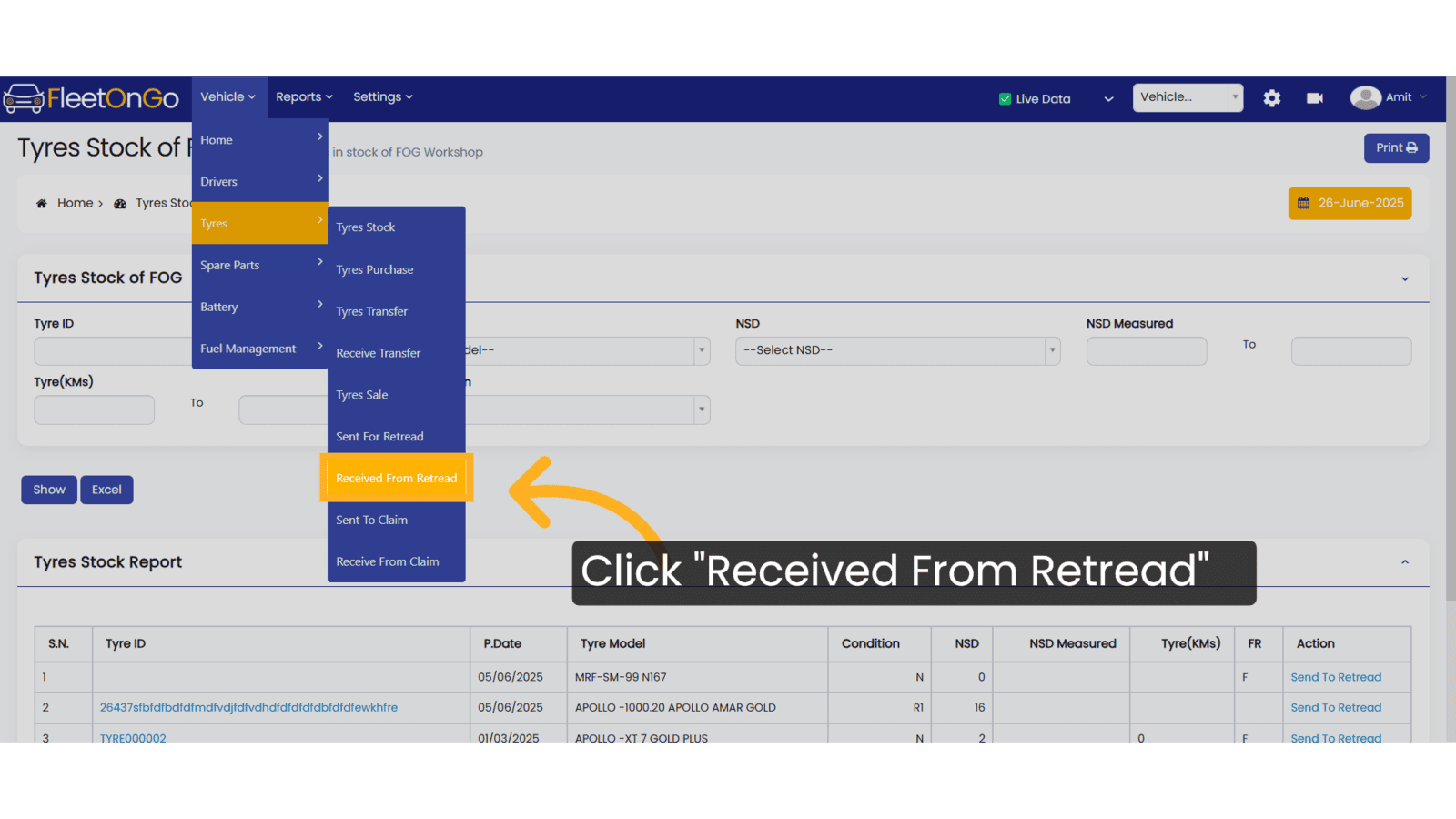 Click 'Received From Retread'
