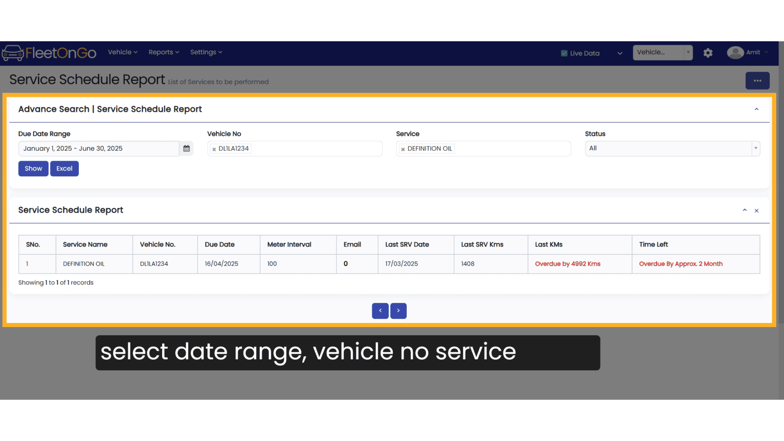 select date range, vehicle no service