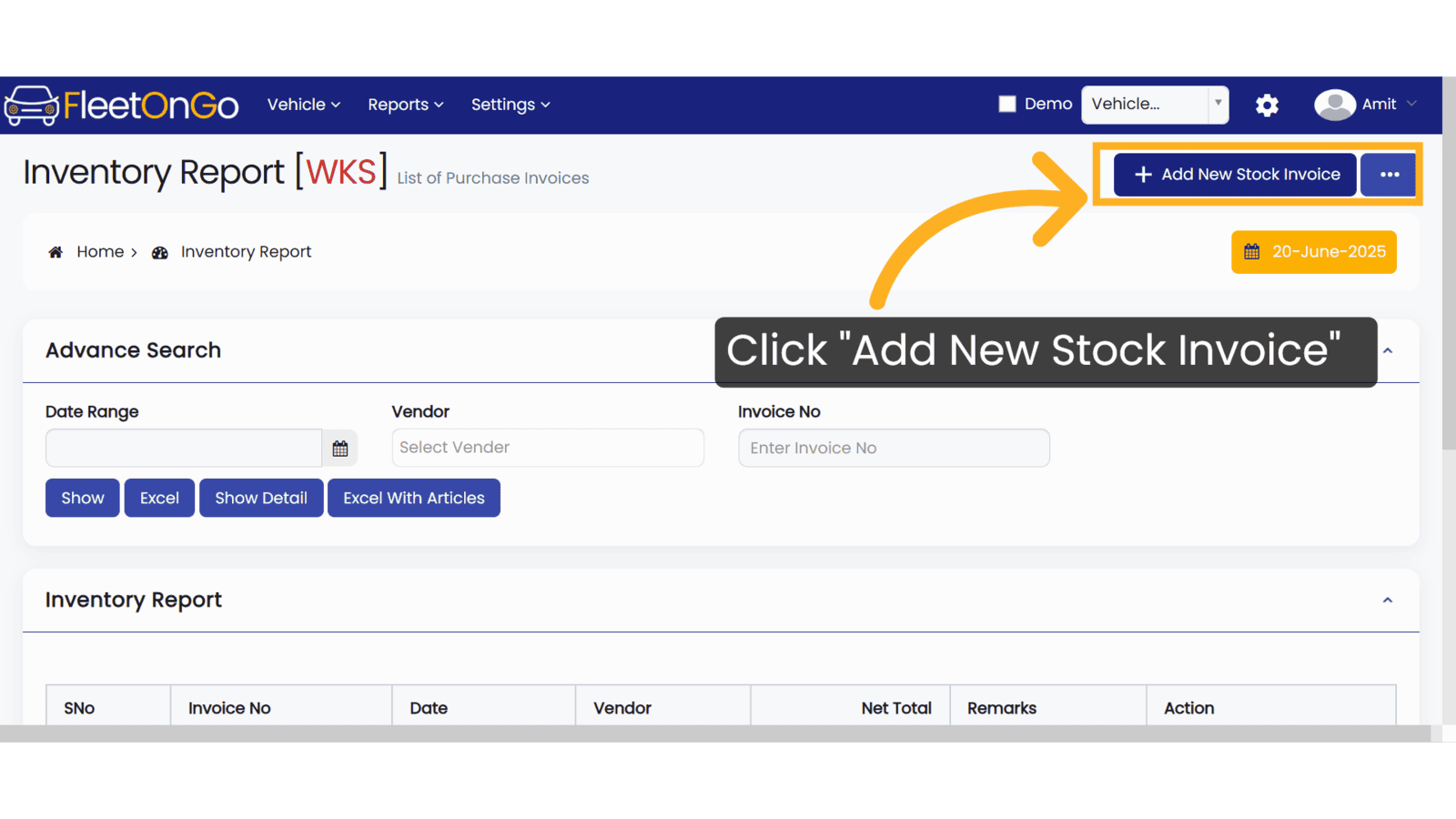 Click 'Add New Stock Invoice'
