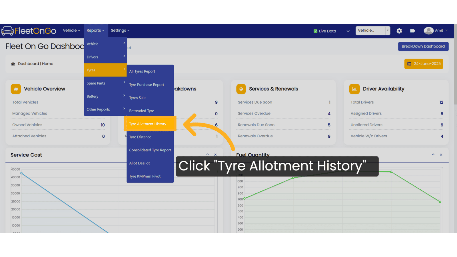 Click 'Tyre Allotment History'