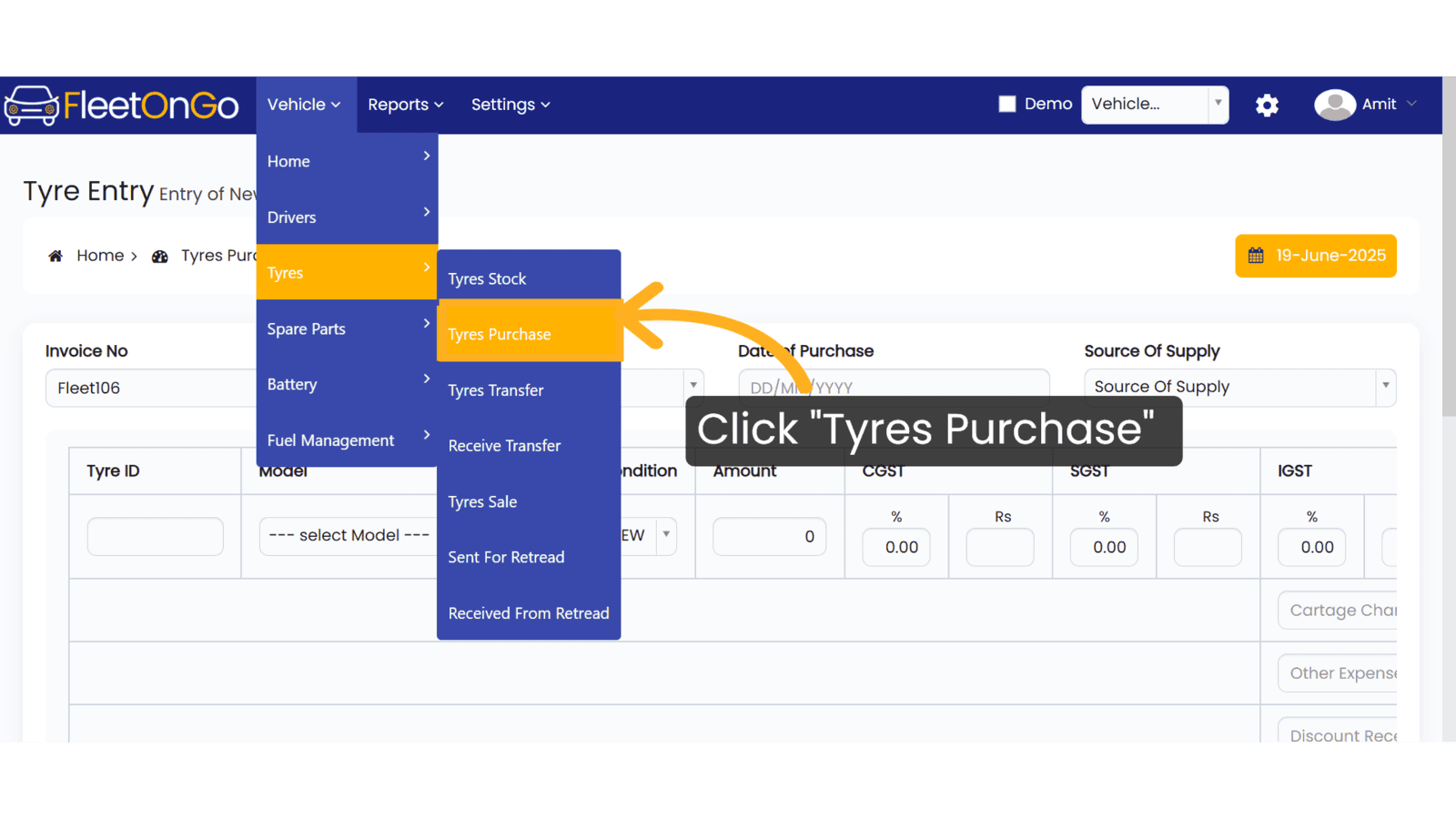 Click 'Tyres Purchase'