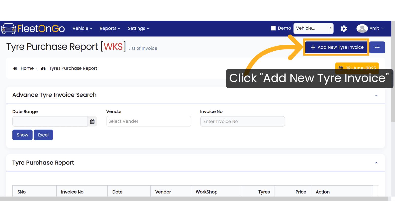 Click 'Add New Tyre Invoice'