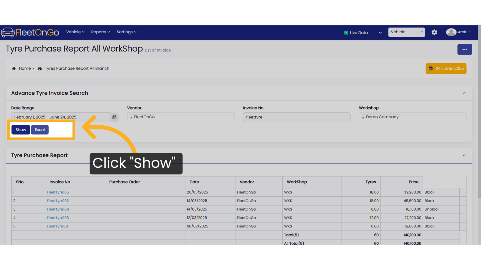 Click Show & Excel