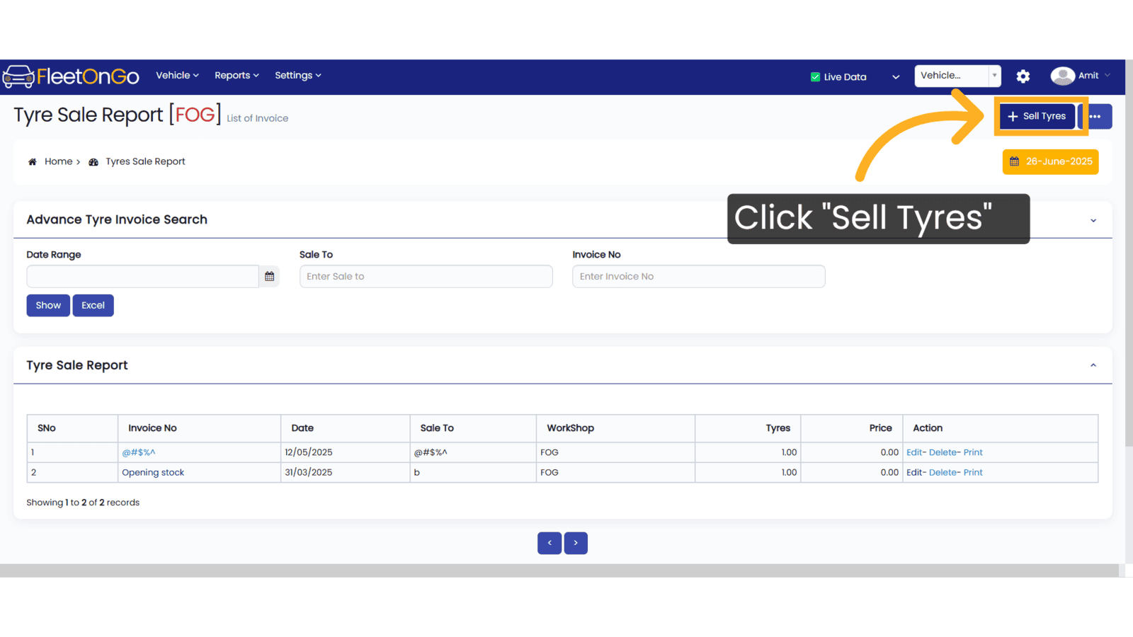 Click 'Sell Tyres'