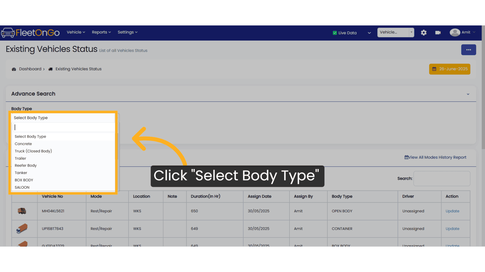 Click 'Select Body Type'