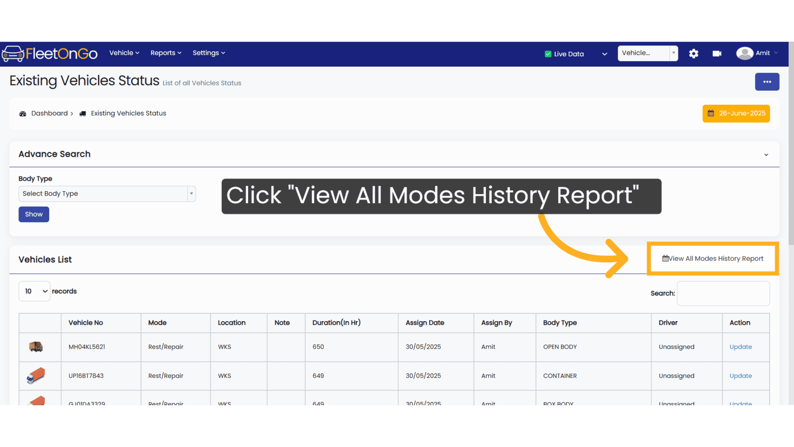Click 'View All Modes History Report'