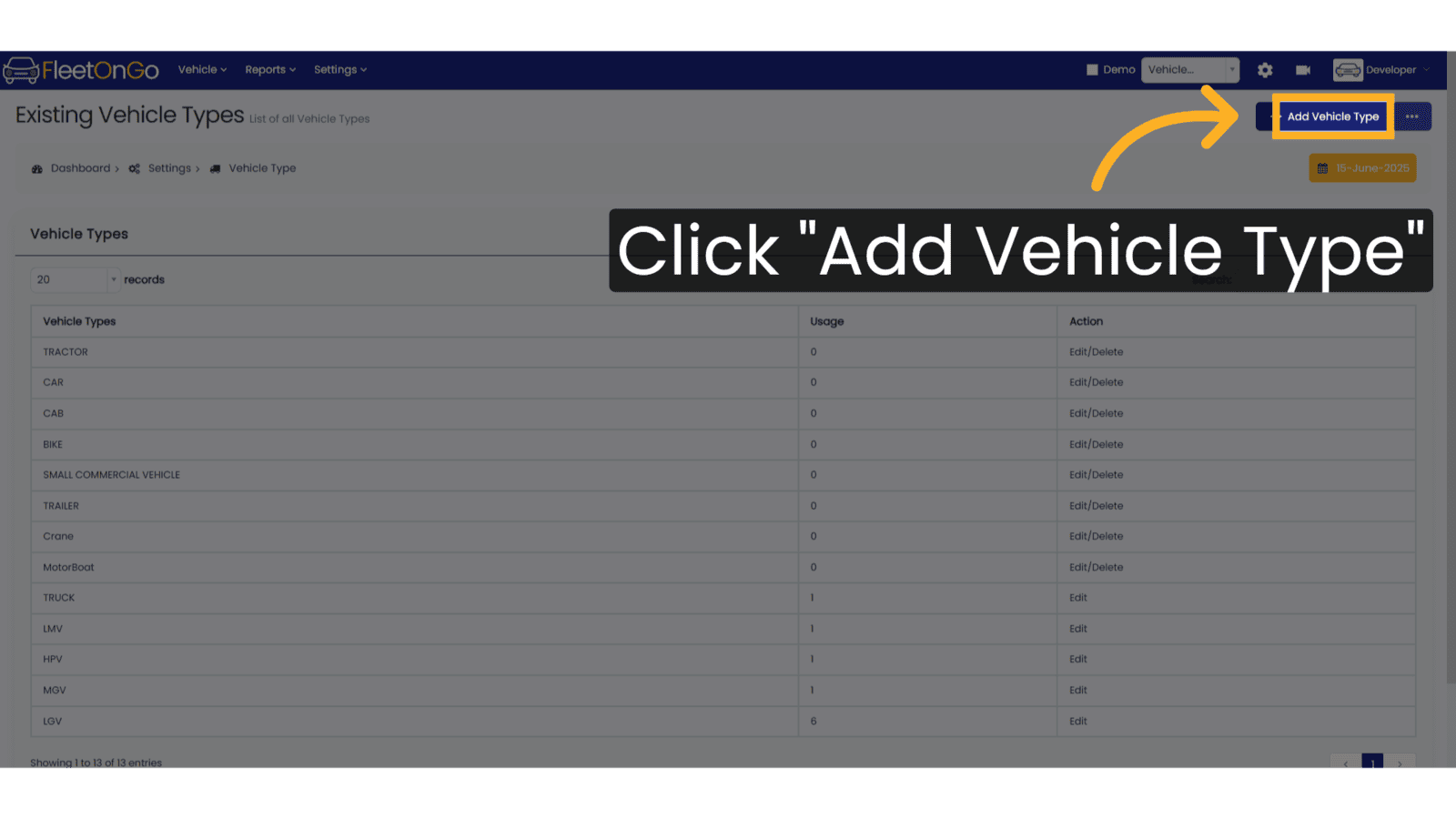 Click 'Add Vehicle Type'