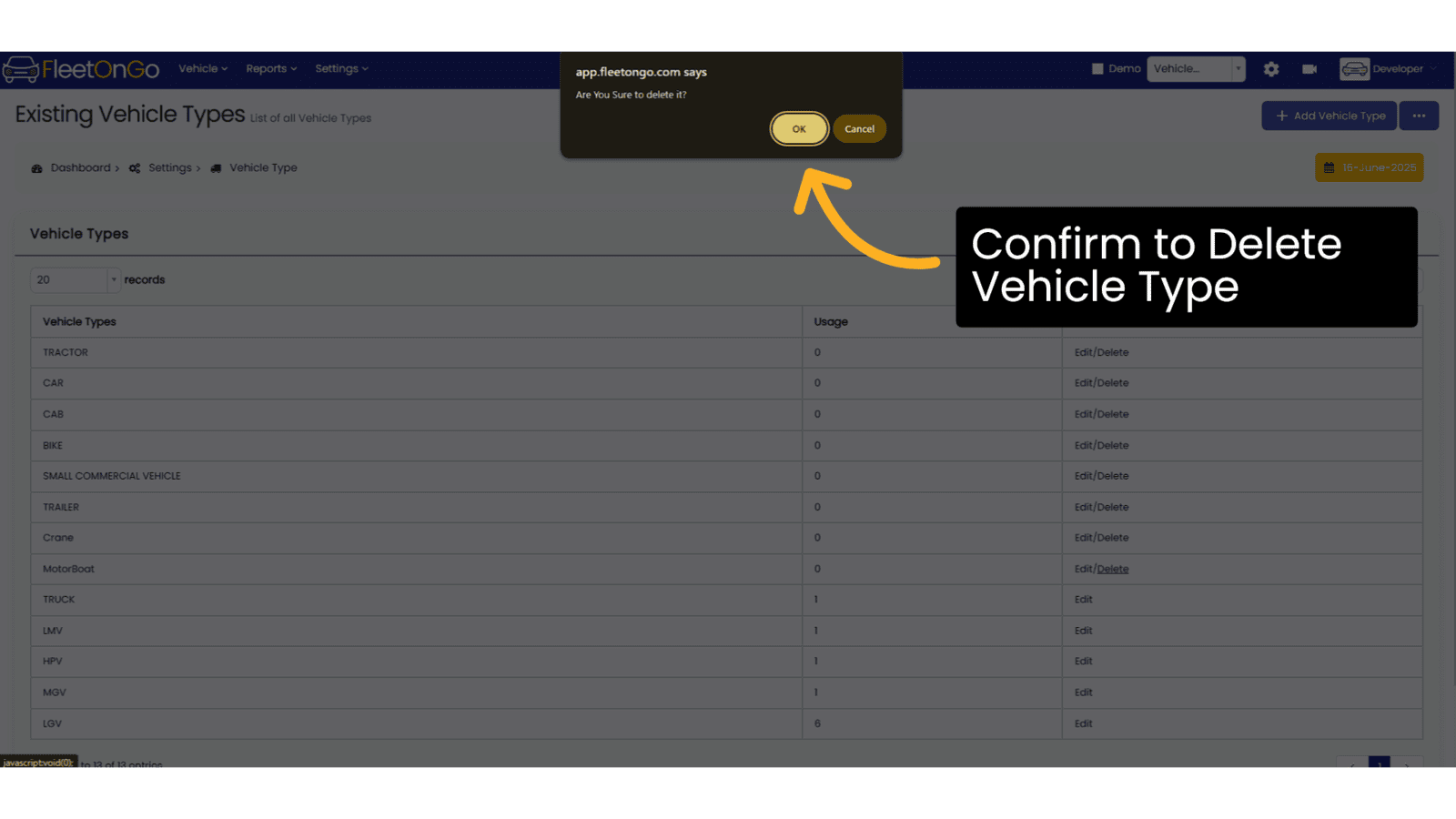 Confirm Delete of Vehicle Type