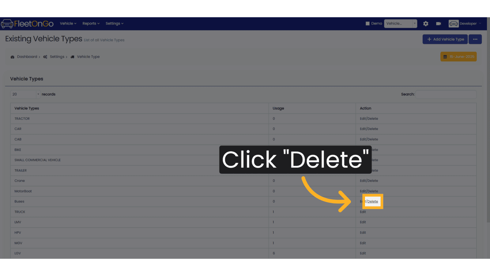 Delete Vehicle Type