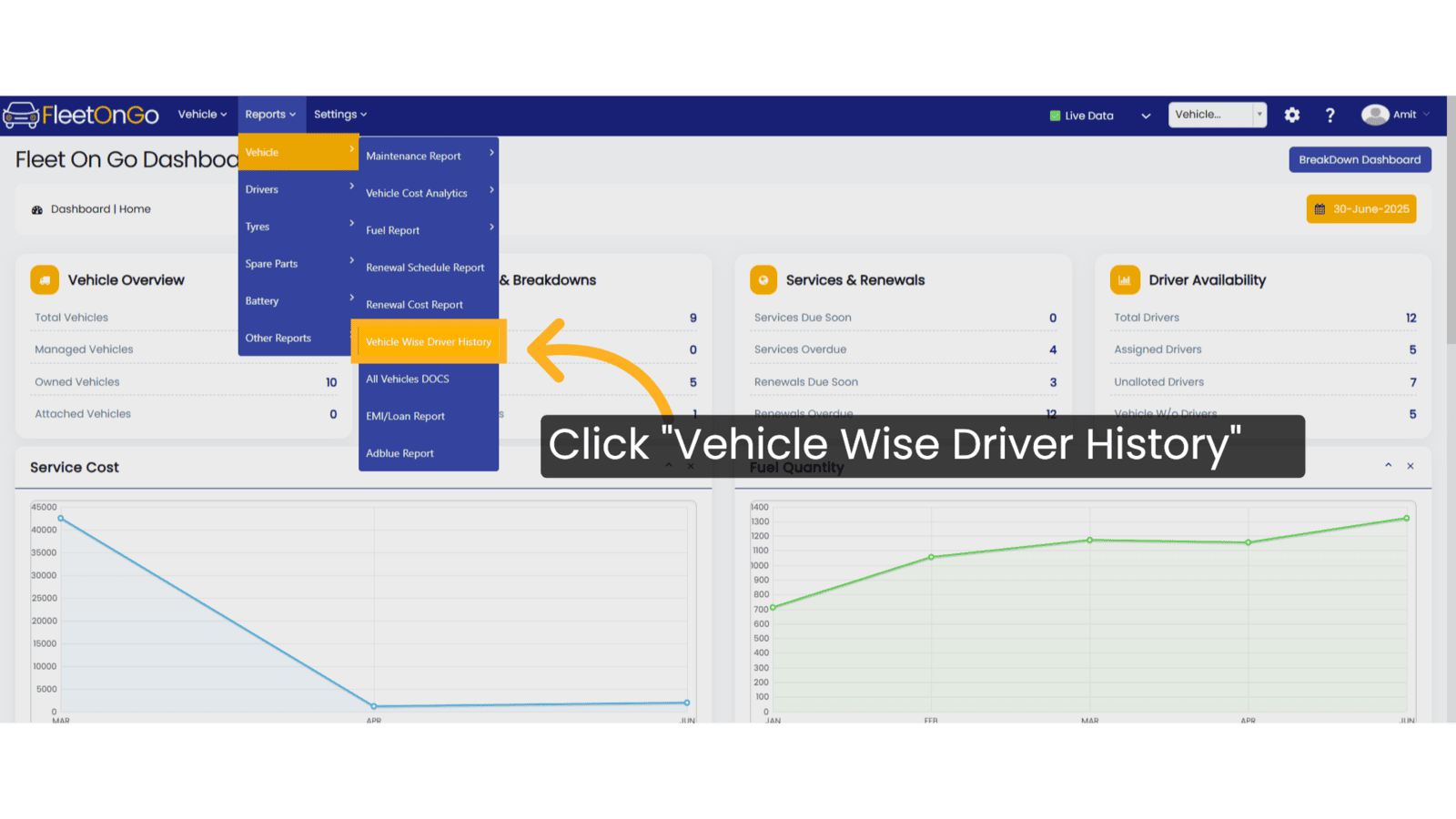Click 'Vehicle Wise Driver History'