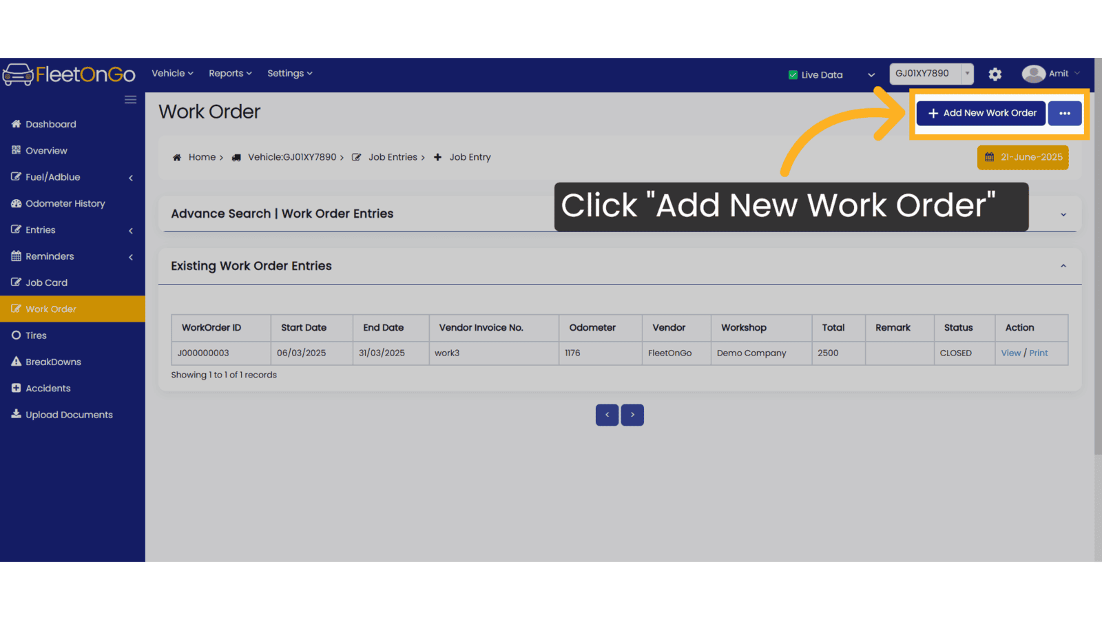 Click 'Add New Work Order'